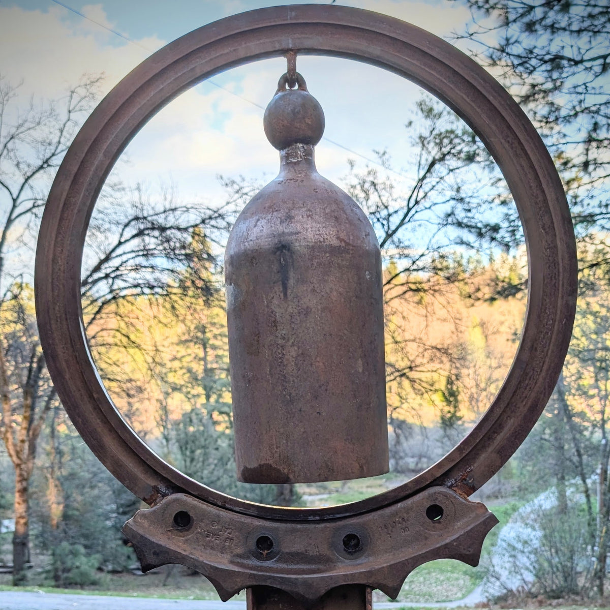 rustic bell, reclaimed steel, hand crafter, one of a kind. rusthetic